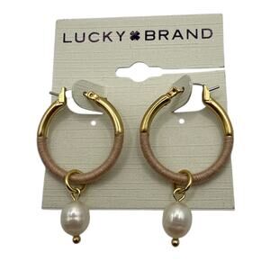 Lucky Brand Thread The Needle Pearl Wrapped Hoop Earrings Gold Tone